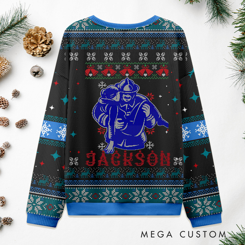 Personalized Firefighter Christmas Sweater Firefighter Carrying Person Sweatshirt Gift for Firefighters