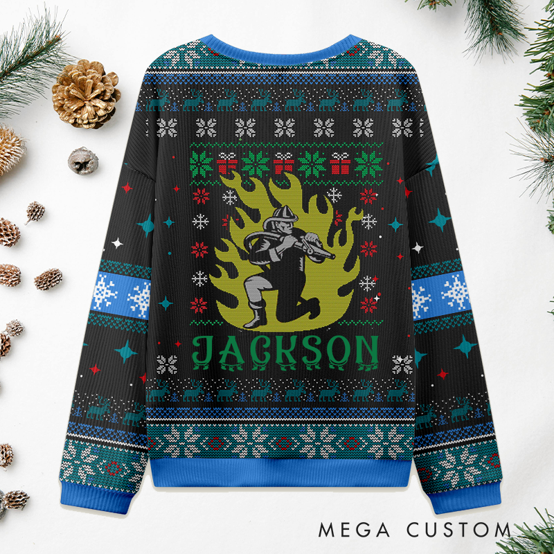 Personalized Firefighter Christmas Sweater Firefighter in Flames Design Sweatshirt Gift for Firefighters