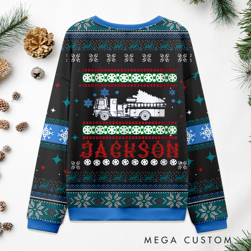 Personalized Firefighter Christmas Sweater Fire Truck with Ladder Design Sweatshirt Gift for Firefighters