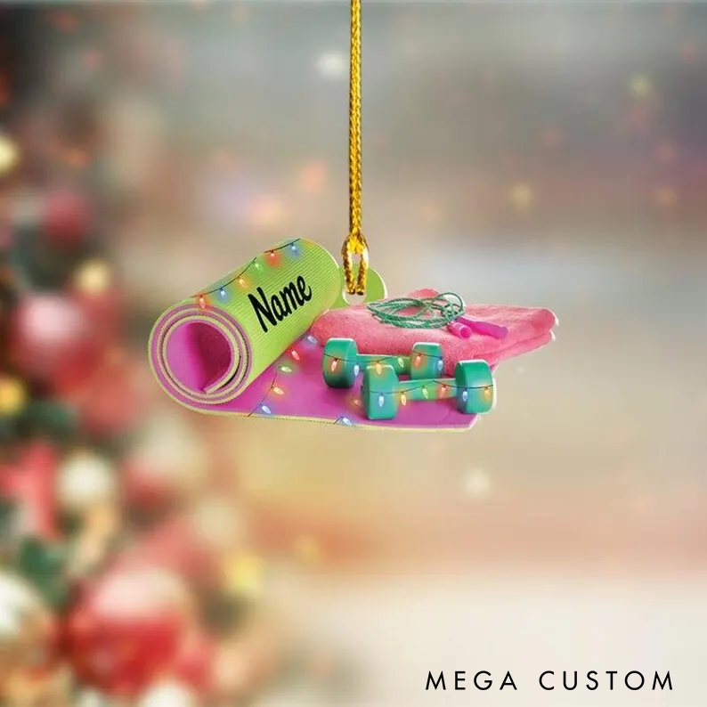 Personalized Yoga Christmas Ornament with Dumbbells and Towel Design Perfect for Yoga Lovers and Festive Tree Decoration