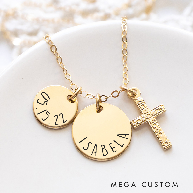 Personalized Cross Necklace with Name and Date Charms Religious Jewelry First Communion Gift for Women Believers