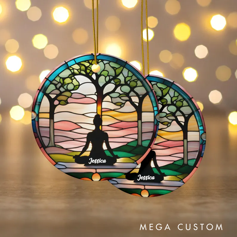 Personalized Yoga Ornament with Stained Meditating Design Yoga Namaste Ceramic Ornament for Yoga and Mindfulness Lover