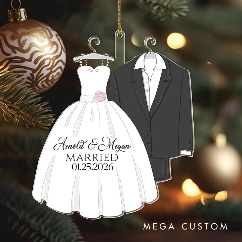 Personalized Couple Wedding Dress and Suit Acrylic Christmas Ornament with Name Newlywed Xmas Christmas Ornaments for Husband Wife Hubby Wifey