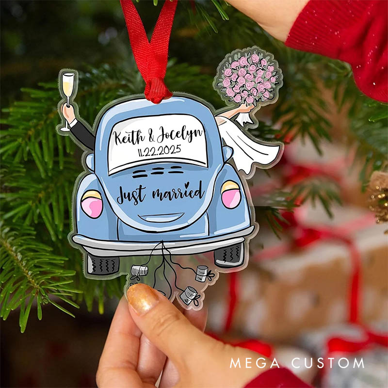 Personalized Couple Wedding Floral Car Acrylic Christmas Ornament Newlywed Just Married Xmas Christmas Ornaments for Husband Wife Hubby Wifey