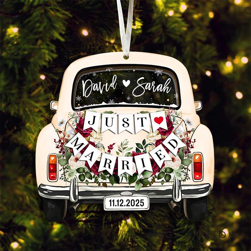 Personalized Couple Just Married Wedding Floral Car Acrylic Christmas Ornament Newlywed Name Xmas Christmas Ornaments for Husband Wife Hubby Wifey