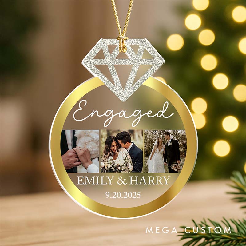 Personalized Couple Engaged Diamond Ring Acrylic Custom Christmas Ornament with Photo Newlywed Name Xmas Christmas Ornaments for Husband Wife