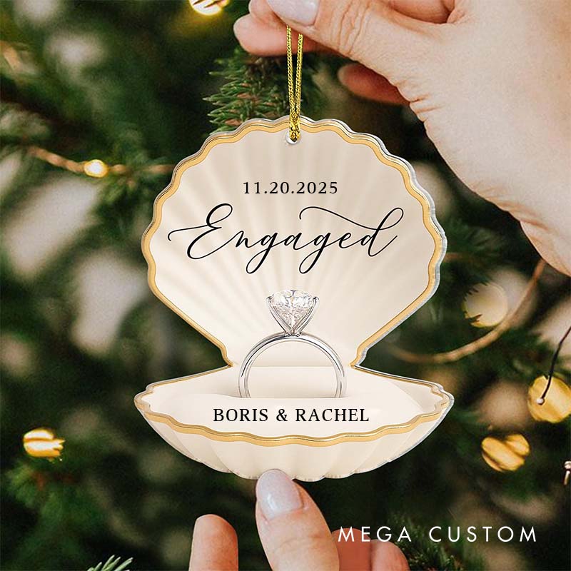 Personalized Couple Engagement Seashell Ring Box Acrylic Christmas Ornament Custom Newlywed Mr and Mrs Name Xmas Christmas Ornament for Husband Wife