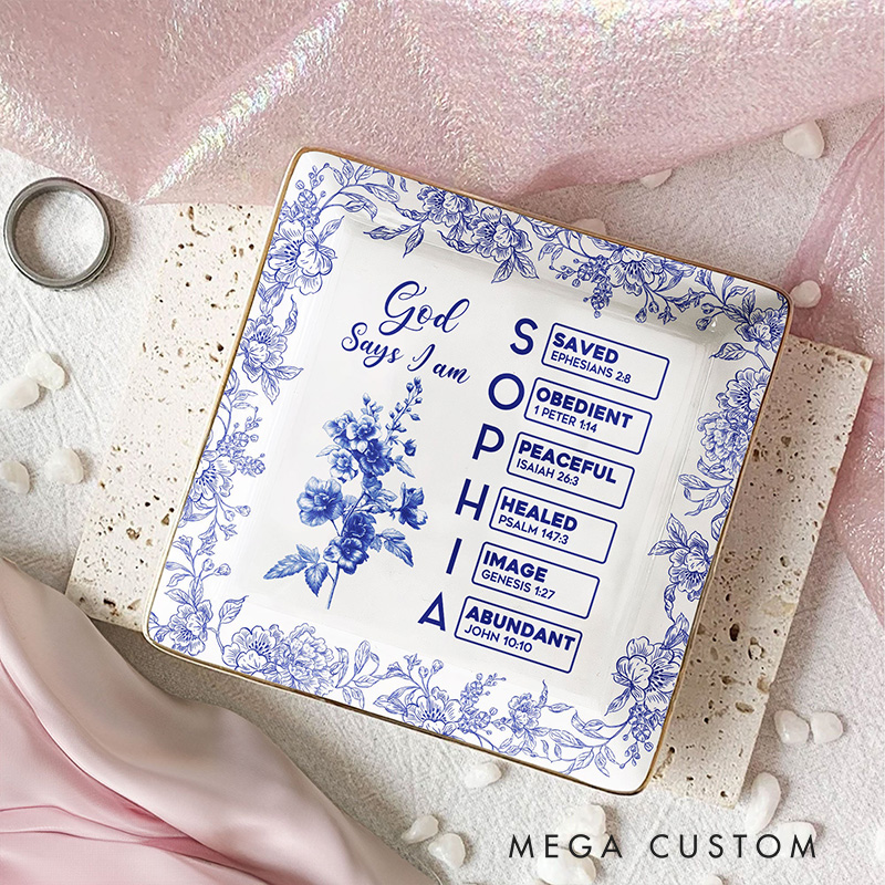 Personalized Toile De Jouy Birth Flower Bible Chapter Ceramic Square Ring Dish with Name Religious Gift for Christians