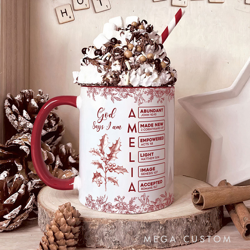 Personalized Toile De Jouy Birth Flower Bible Chapter Ceramic Inner Color Mug with Name Religious Gift Birthday Gift for Christians