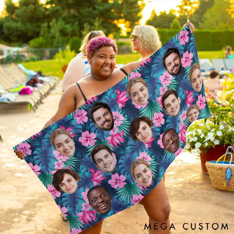 Personalized Colorful Plaid Flower Face Photo Soft Quick Dry Oversized Beach Towel Travel Essential Beach Party Gift for Friends