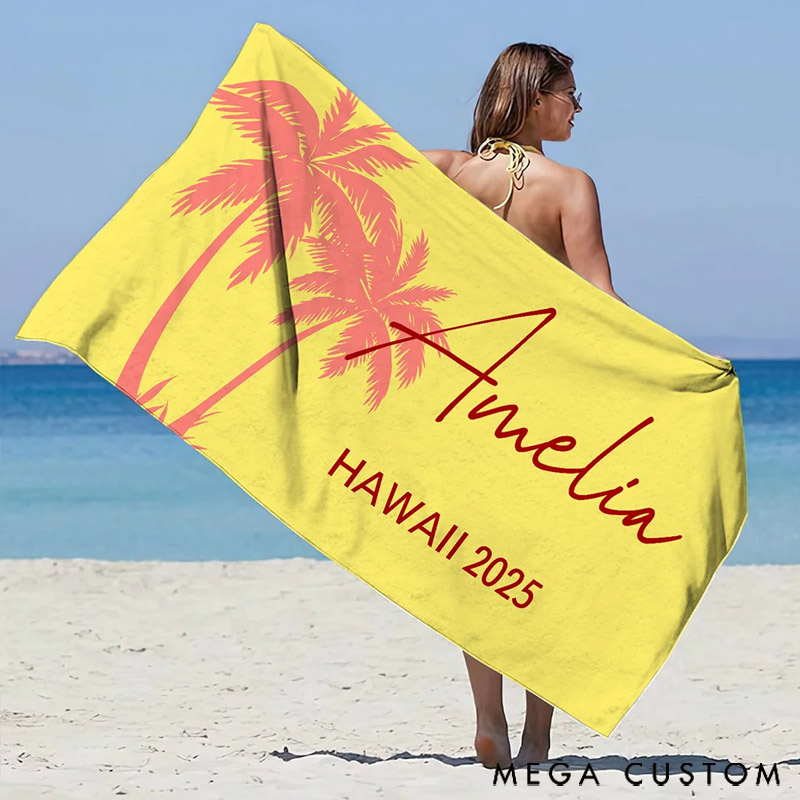 Personalized Multicolor Palm Tree Beach Towel Super Absorbent Oversized with Name and Text Gift for Traveler