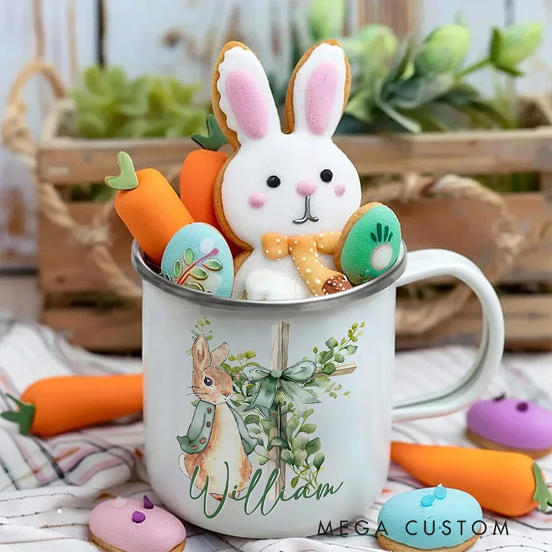 Personalized Cute Rabbit Bow Cross Enamel Mug with Name Religious Gift Birthday Easter Gift for Kids
