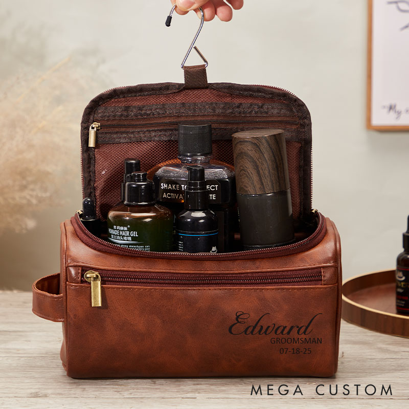 Personalized Engraved Leather Toiletry Bag for Men Groomsmen Gifts Travel Dopp Kit Groom PU Shaving Kit Bag Wedding Party Favors