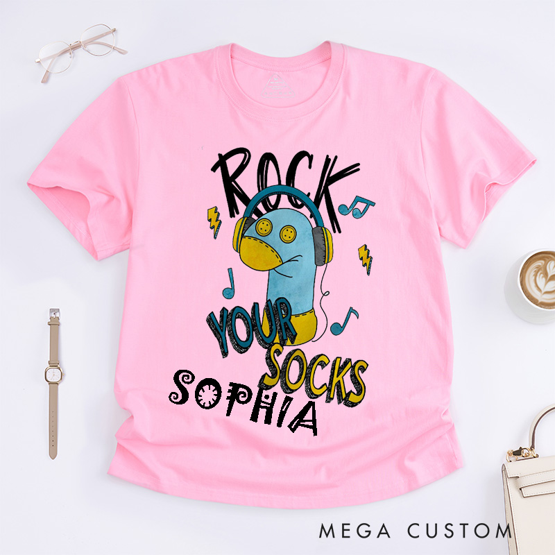Personalized Rock Your Socks Classic T-Shirts Unisex Fun Music Lover Custom Gift Down Syndrome Slogan for Birthday Friends Family Teens Men Women