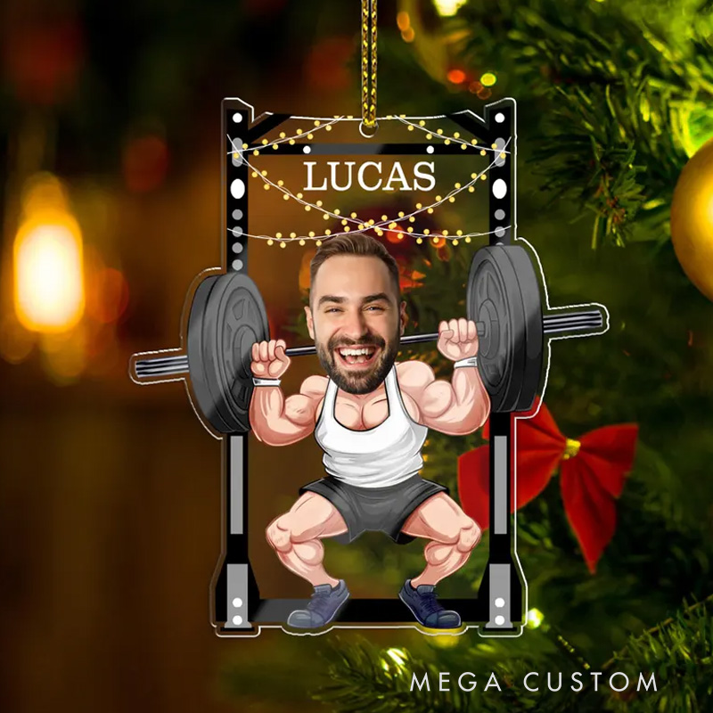 Personalized Body Builder Christmas Ornament Gift with Custom Photo for Fitness Enthusiasts Bodybuilders and Gym Lovers