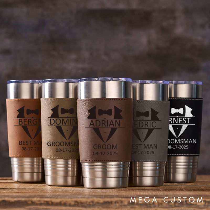 Personalized Groomsmen Gifts Tumbler 20oz Tumbler with Leather Sleeve for Men Groom Best Man Bachelor Party Gift Tumbler for Him