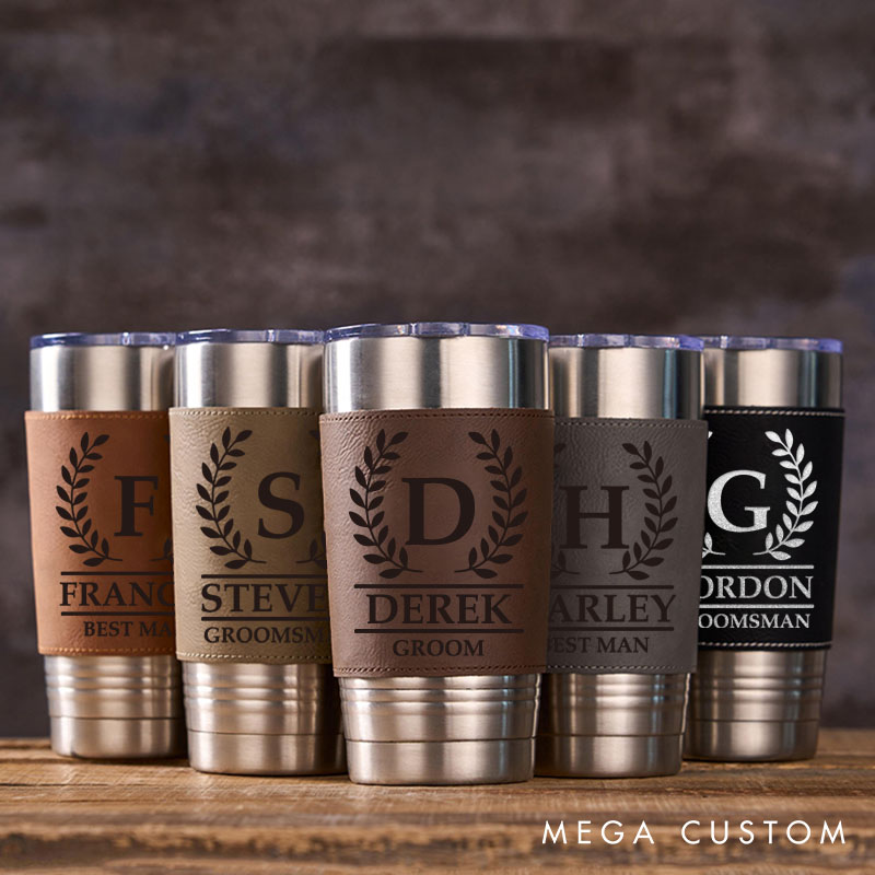 Personalized Engraved Groomsmen Tumbler 20oz Groomsman Tumbler with Leather Sleeve Men’s Coffee Mug for Groom Best Man Wedding Party Gift Tumbler