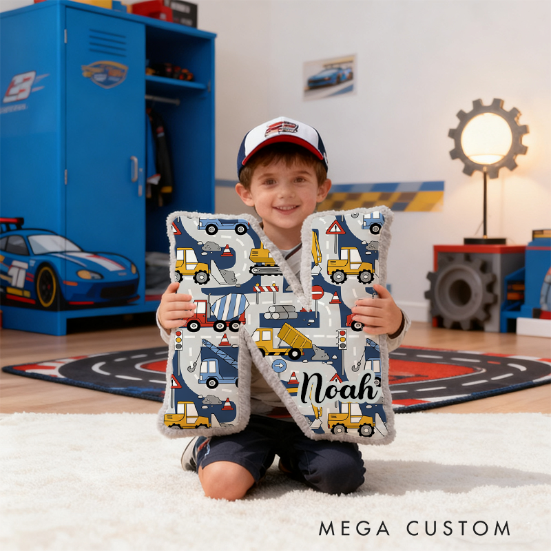 Personalized Construction Vehicle Alphabet Pillow with Custom Name Gift for Kids and Vehicle Fans