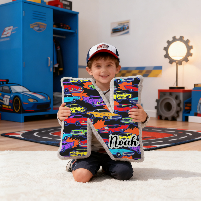Personalized Racing Vehicle Themed Initial Pillow with Custom Name Gift for Kids and Vehicle Enthusiasts