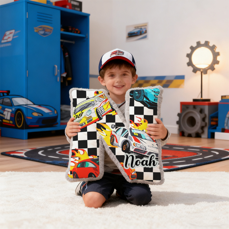 Personalized Racing Vehicle Themed Alphabet Pillow with Custom Name Gift for Kids and Vehicle Fans