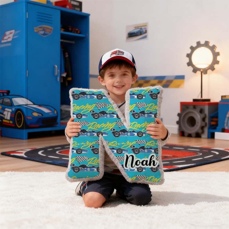 Personalized Racing Vehicle Themed Alphabet Pillow with Custom Name Gift for Kids and Vehicle Enthusiasts