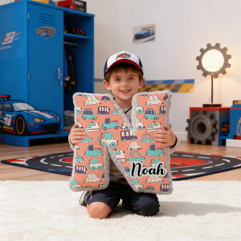 Personalized Cartoon Vehicle Themed Alphabet Pillow with Custom Name Gift for Kids