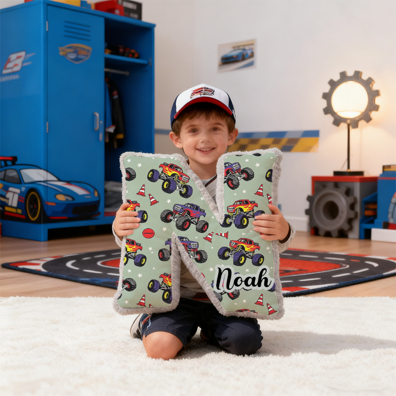 Personalized Monster Truck Vehicle Themed Alphabet Pillow with Custom Name Gift for Kids