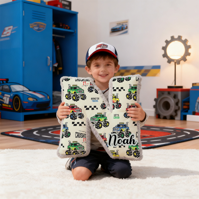 Personalized Monster Truck Vehicle Themed Alphabet Pillow with Custom Name Gift for Kids