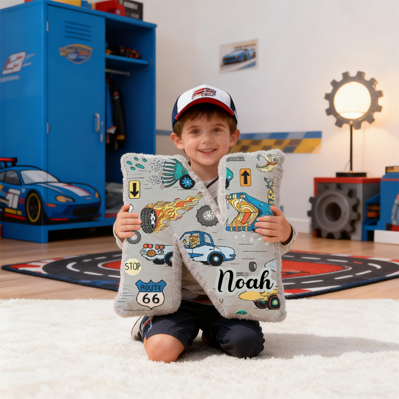 Personalized Retro Vehicle Themed Alphabet Pillow with Custom Name Gift for Kids Vehicle Fans