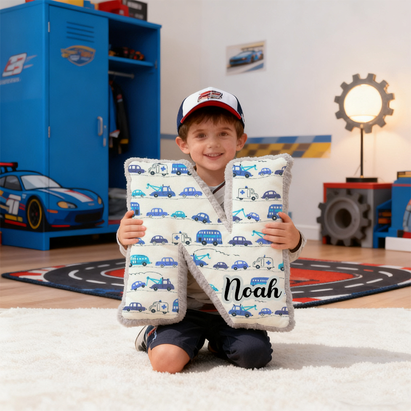 Personalized Blue Cartoon Vehicle Themed Alphabet Pillow with Custom Name Gift for Kids Vehicle Fans