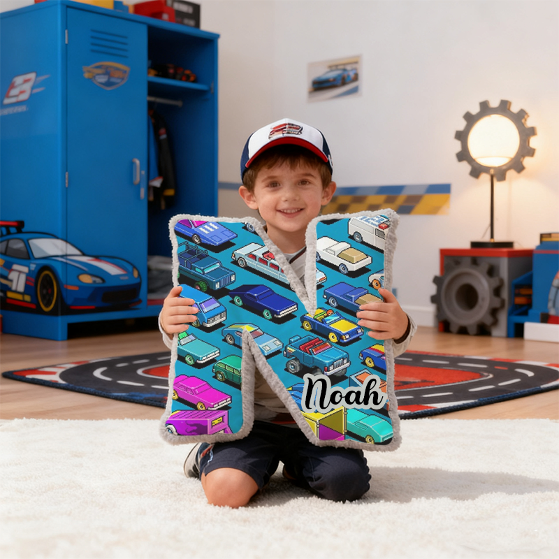 Personalized Colorful Vehicle Themed Alphabet Pillow with Custom Name Gift for Kids Vehicle Fans