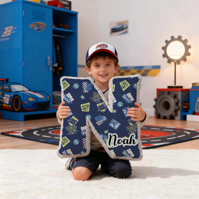 Personalized Letter Shaped Pillow with Racing Theme Design Custom Name Gift for Vehicle Fans