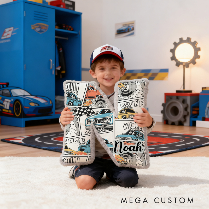 Personalized Monster Truck Letter Shaped Pillow Custom Name Design Car Enthusiasts and Motorsport Fans Gift