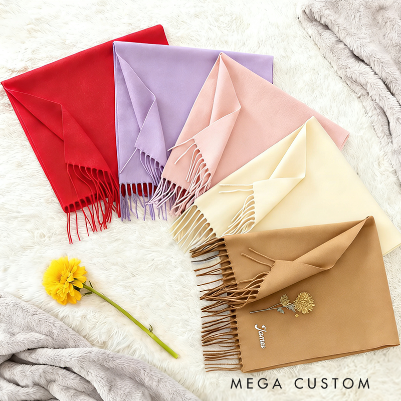 Personalized Birth Flower Soft Warm Tassel Scarf with Name Winter Accessory Anniversary Birthday Gifts