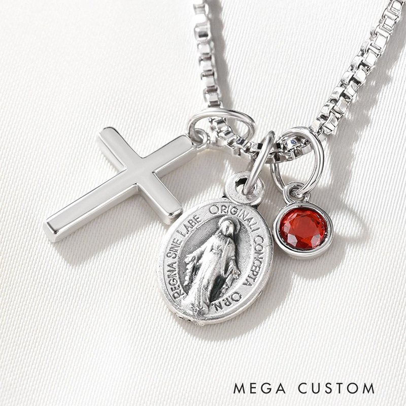 Personalized Virgin Mary Cross Necklace with Birthstone Dainty Jewelry Birthday Gift Religious Gift for Christian Women 
