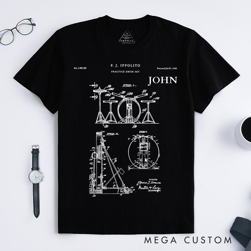 Personalized Drum Set Patent Blueprint Classic T-Shirts Unique Musician Gift for Drummers Custom Name Music Lover Unisex Perfect for Birthday
