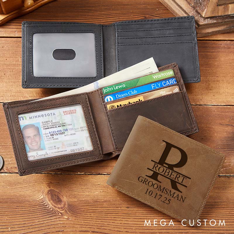 Personalized Groom Groomsman Leather Wallet Engraved Monogrammed Wallet Crazy Horse Wallet for Men Groomsman Bachelor Party Gift Wallet for Him
