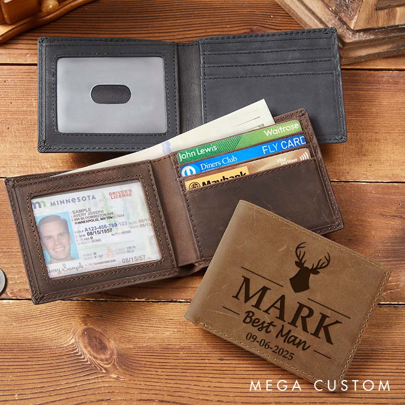 Personalized Groomsman Leather Wallet Groom Club Leather Wallet Engraved Crazy Horse Wallet for Men Antler Design Wallet Groomsman Bachelor Party Wallet