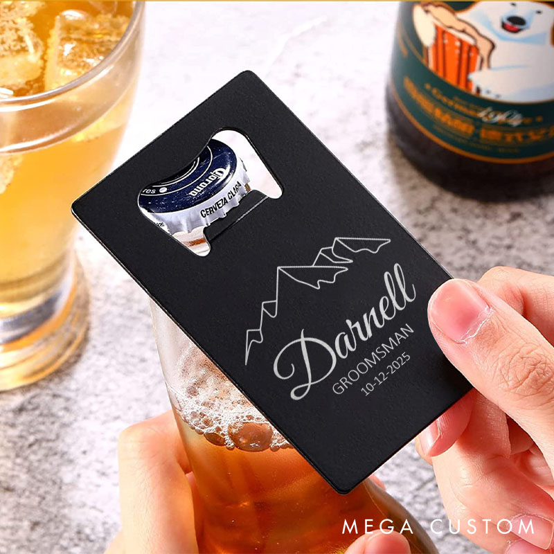 Personalized Groomsman Credit Card Bottle Opener Engraved Mountain-Themed Bottle Opener Groomsman Opener for Him Bachelor Favors Opener