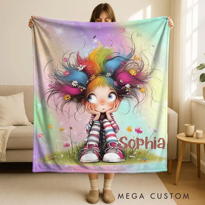 Personalized Cute Cartoon Quirky Girl Blanket With Name Magic Dream Background Girls Gift