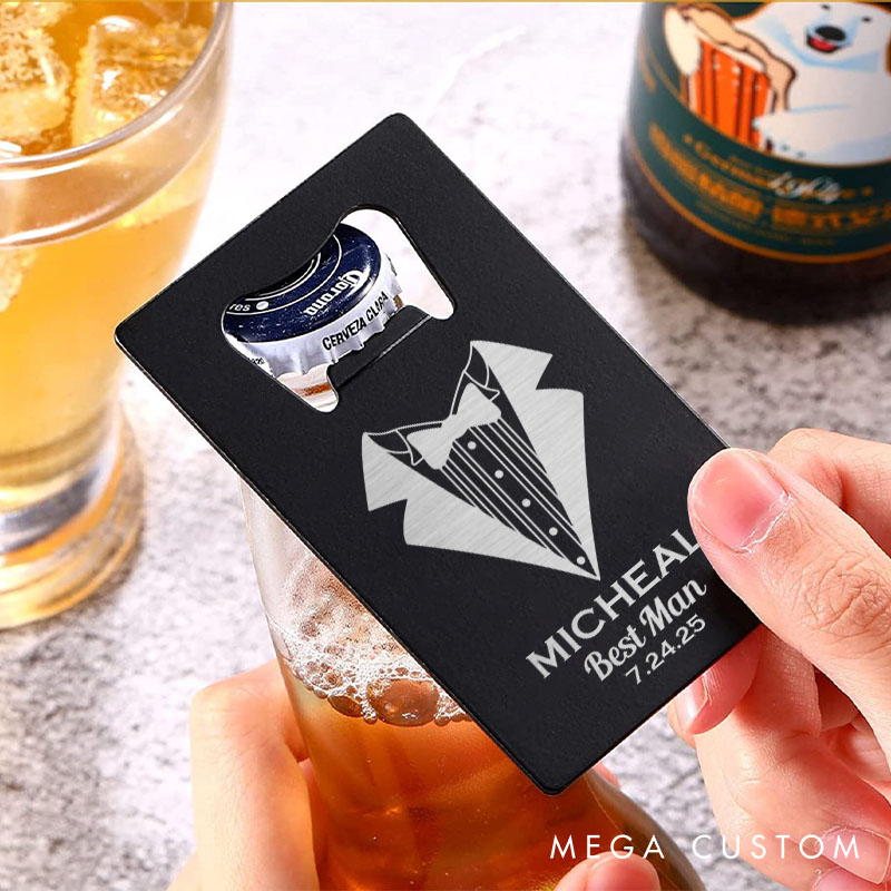 Personalized Groomsman Credit Card Bottle Opener Engraved Groom Tuxedo-Themed Bottle Opener Groomsman Opener for Him Wedding Favors Opener