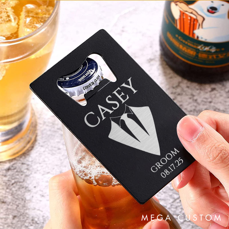Personalized Groom Groomsman Bottle Opener Engraved Suit-Themed Credit Card Bottle Opener Groomsman Bachelor Opener Wedding Party Bottle Opener