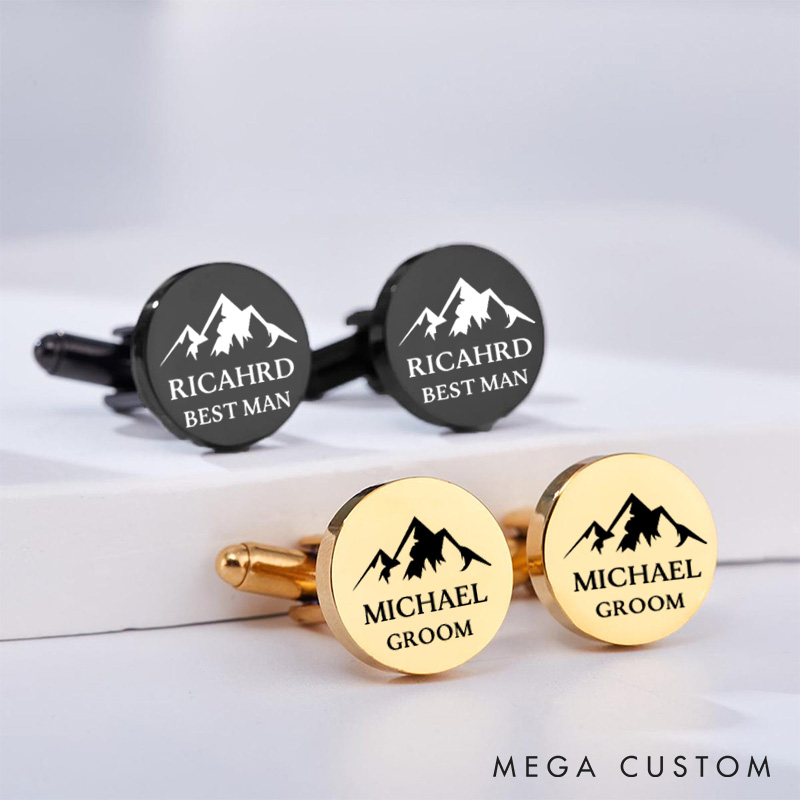 Personalized Groomsman Cufflinks Engraved Mountain-Themed Cufflinks Silver Groom Cufflink for Men Bachelor Favors Cufflinks Groomsman Proposal Gift