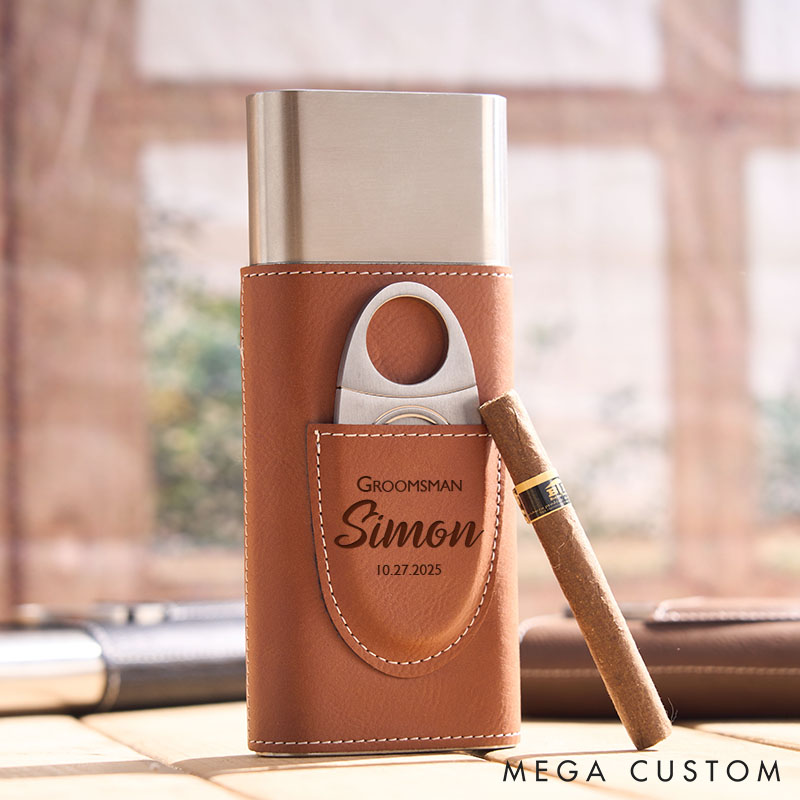 Personalized Leather Cigar Case with Cutter Engraved Groomsman Wedding Party Cigar Holder Bachelor Favors Cigar Case Leather Cigar Accessories