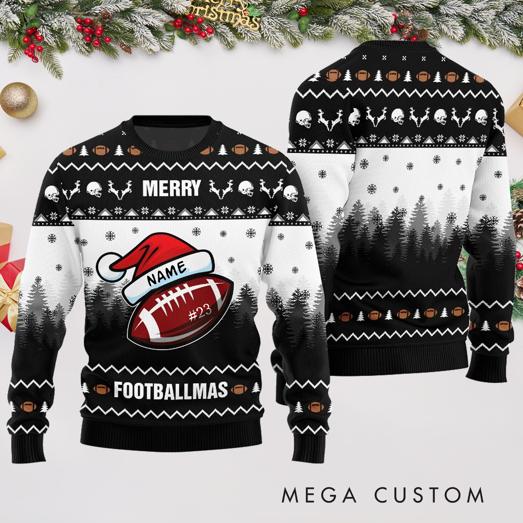 Personalized "Merry Footballmas" Christmas Sweater with Custom Name and Number