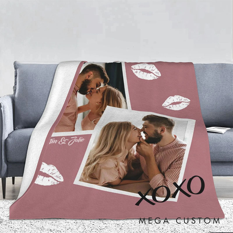 Personalized Couple XOXO Lip Print Photo Collage Fleece Blanket with Name Couple Photo Valentine's Day Blanket for Husband Wife Boyfriend Girlfriend