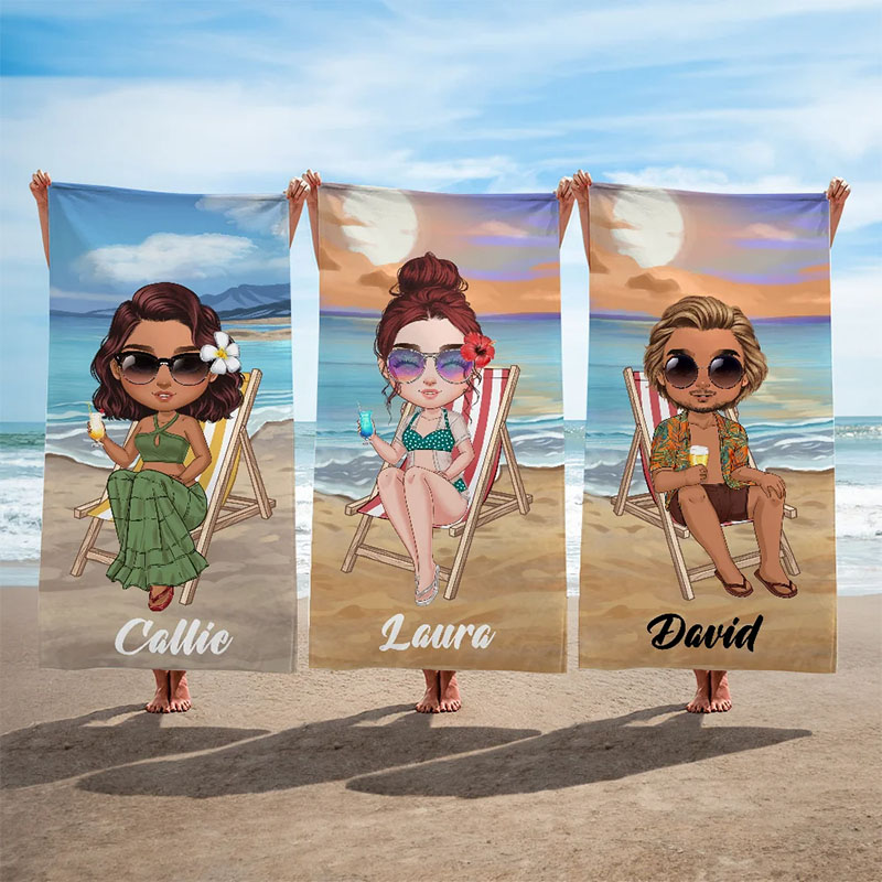 Personalized Sky Blue Sunset Cartoon Quick Dry Oversized Microfiber Beach Towel with Name Summer Travel Essentials Birthday Gift for Family Friends