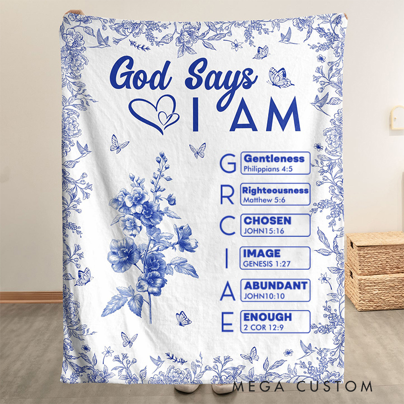 Personalized God Says I Am Name Letter In Bible Toile De Jouy Style Soft Throw Blanket Baptism Birthday Christmas Gift for Women Christians