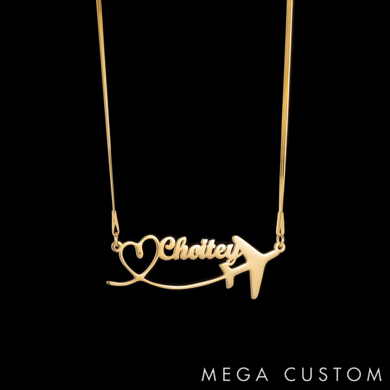 Personalized Name Necklace for Travel Enthusiasts Heart-Shaped Airplane
