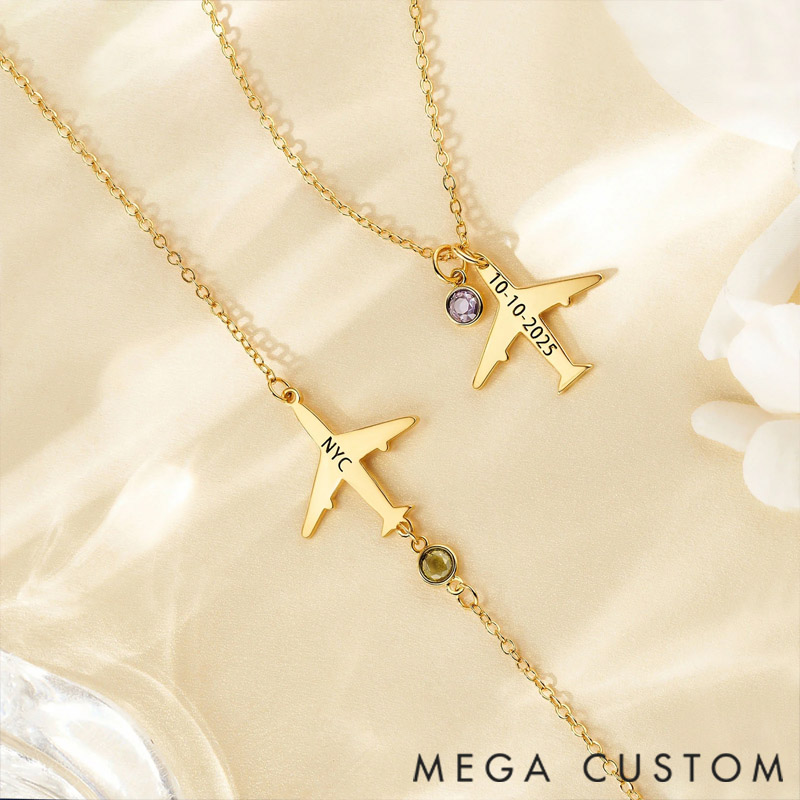 Personalized Airplane Necklace Dainty Jewelry with Birthstone and Text Birthday Anniversary Gift for Women Travel Lovers Pilots Flight Attendants